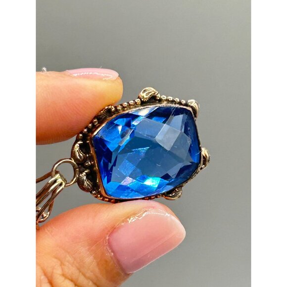 Sterling Silver Pendant with Blue Faceted Glass Stone Art Deco Style - Picture 3 of 6